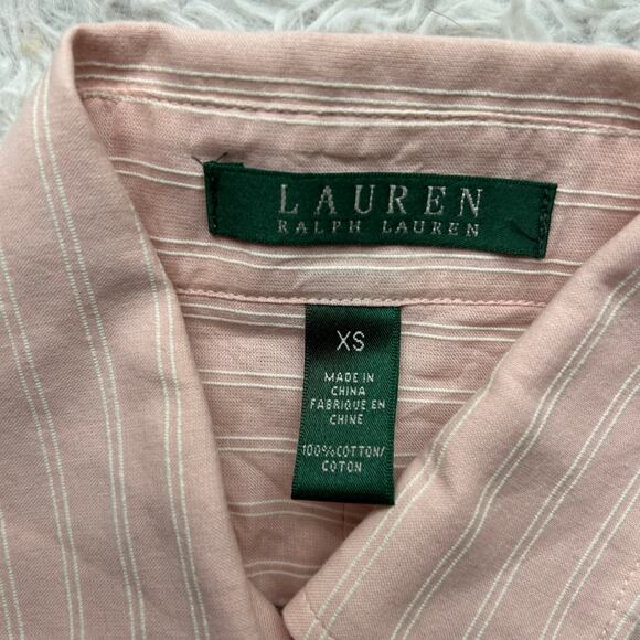 Lauren Ralph Lauren Pinky Peach Pinstripe Ruffle Neck Button Down Blouse Size XS - Picture 6 of 7